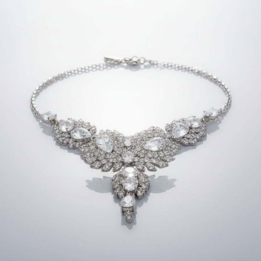 Elegant diamond necklace on a light gray background