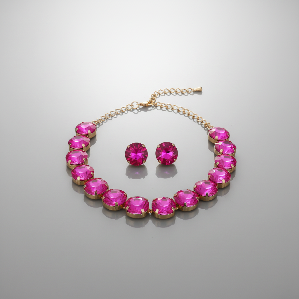 Jewelry set with pink gemstones on a gray background
