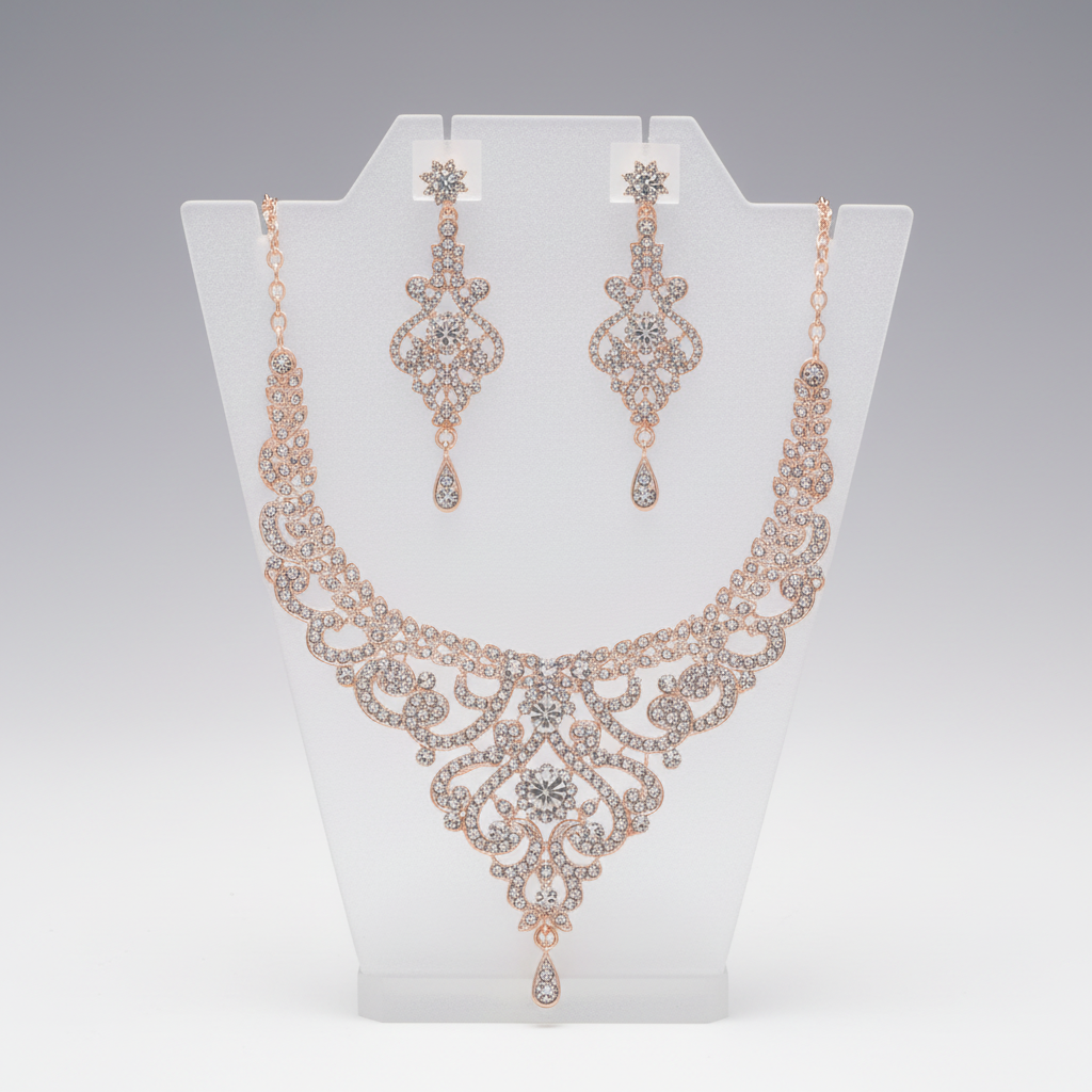 Rose gold necklace and earrings set on a white stand with a gray background