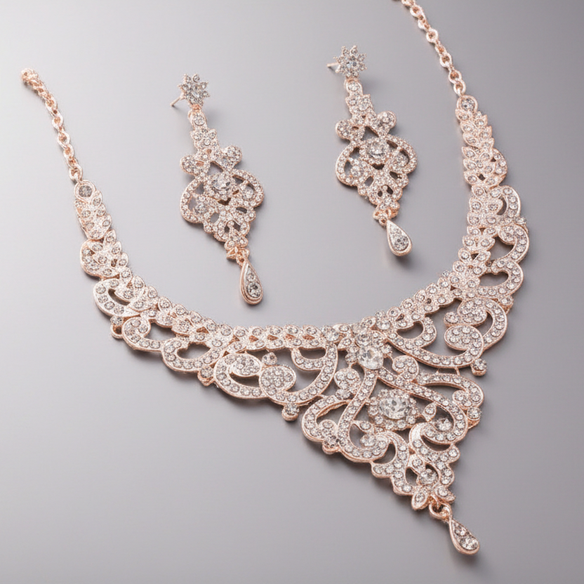 Rose gold necklace and earrings set on a gray background