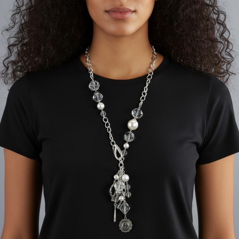 Person wearing a long, ornate necklace with a black shirt against a neutral background