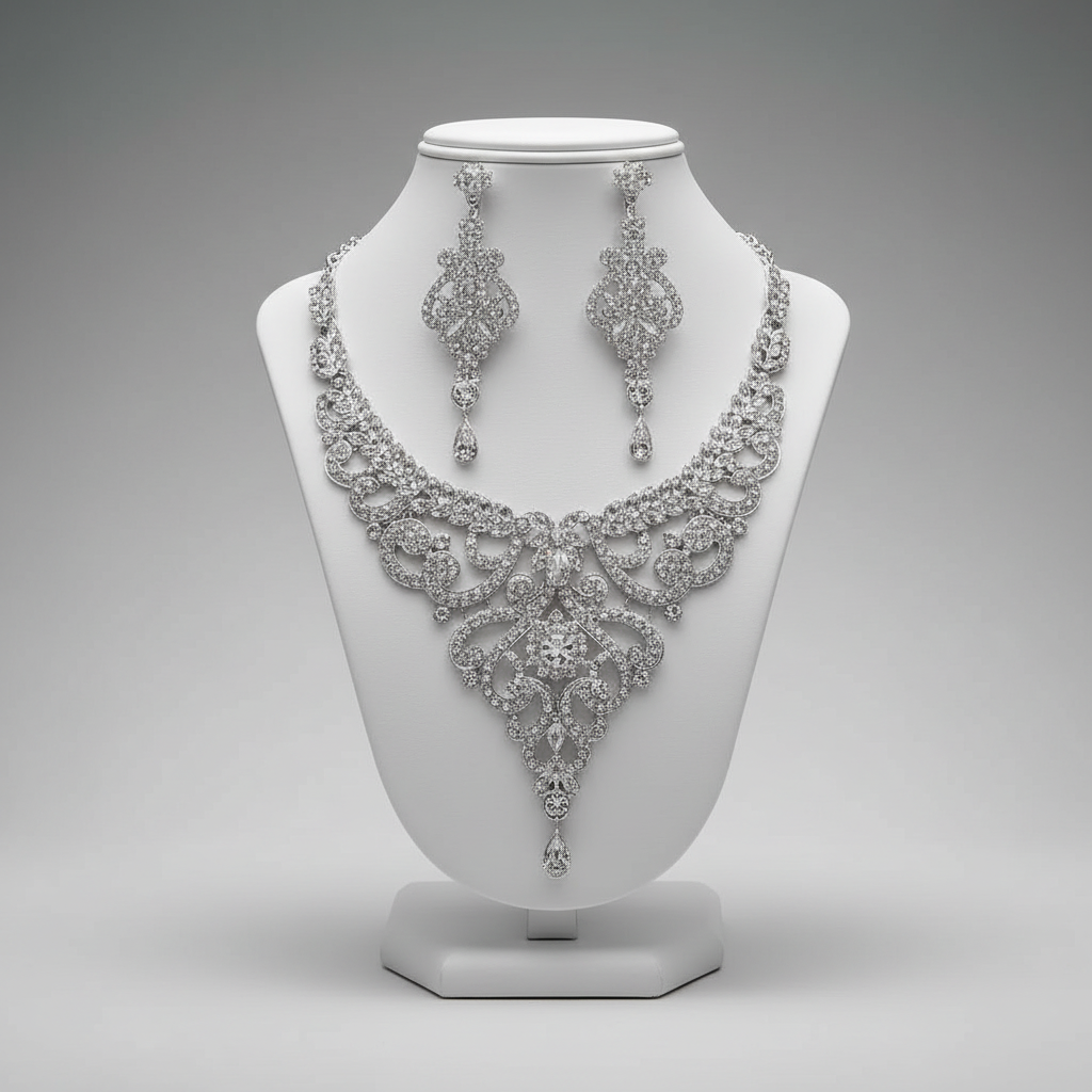 Silver necklace and earrings set on a white mannequin bust against a gray background