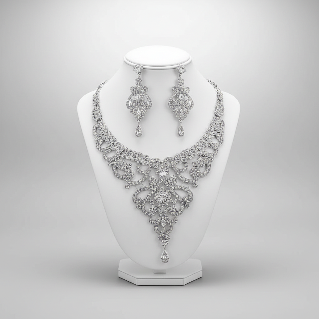 Silver necklace and earrings set on a mannequin bust against a gray background