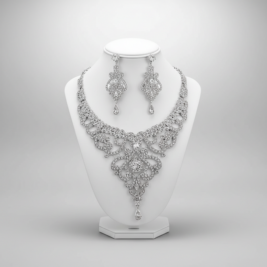 Silver necklace and earrings set on a mannequin bust against a gray background