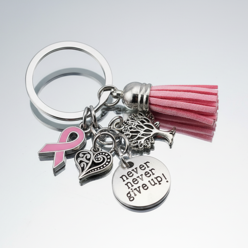 A multitone keychain with metal charms including a pink ribbon, a heart with a feather, and text 'NEVER GIVE UP!' tassel.