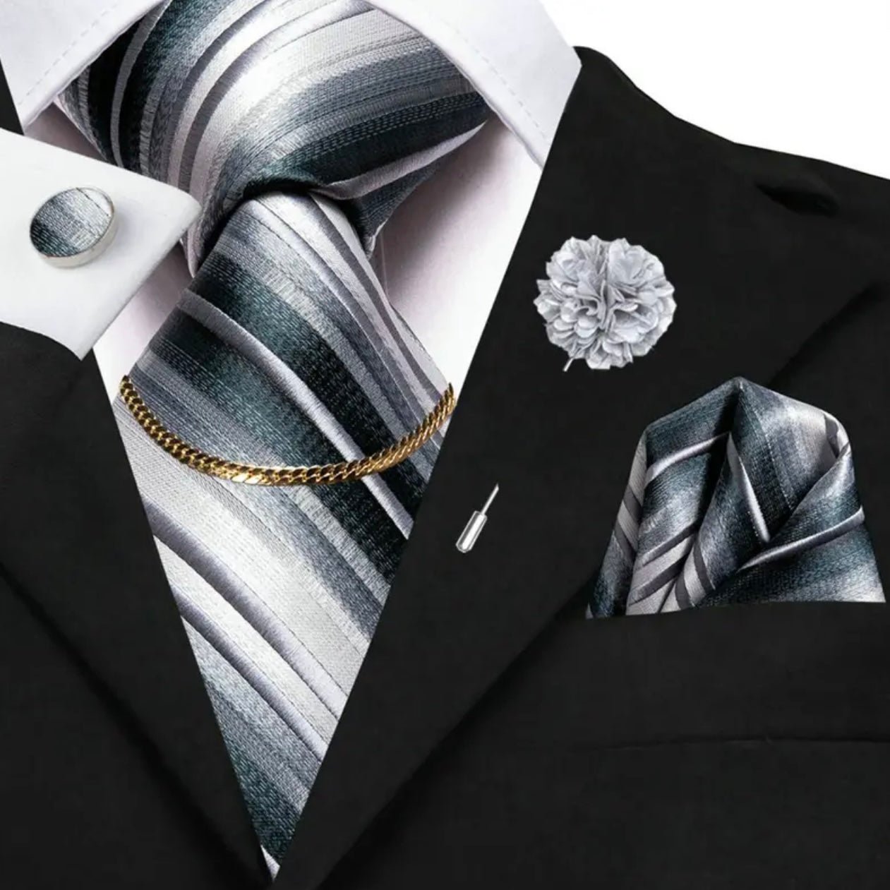 Silver Black Grey Stripe Necktie Set