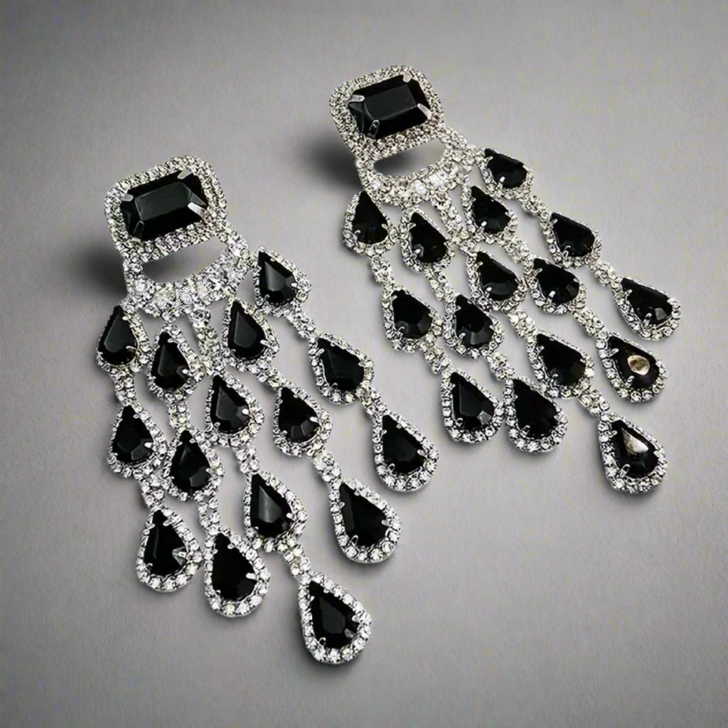 Black Silver Exaggerated Tassel Earrings