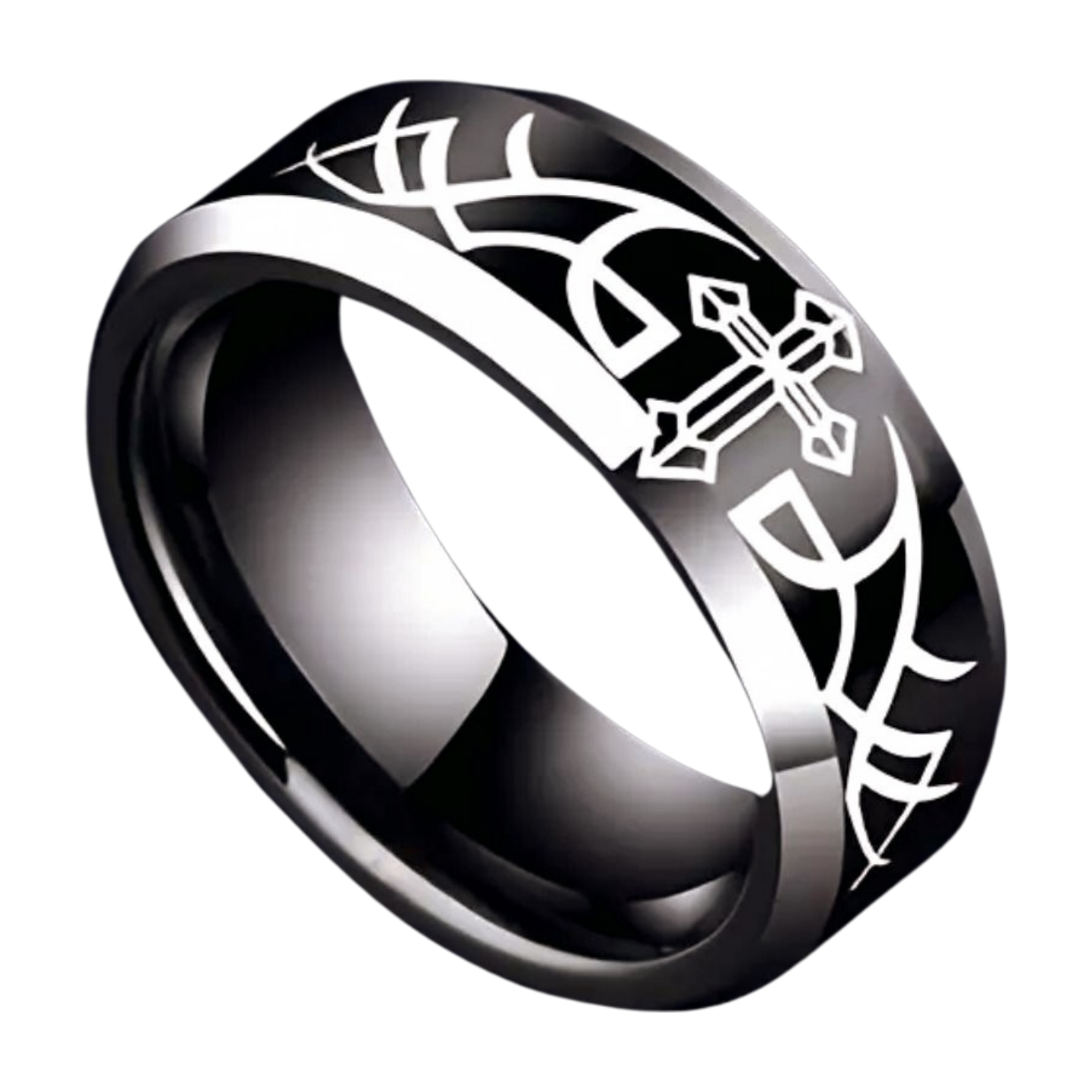 Cross & Scrolls Banded Ring