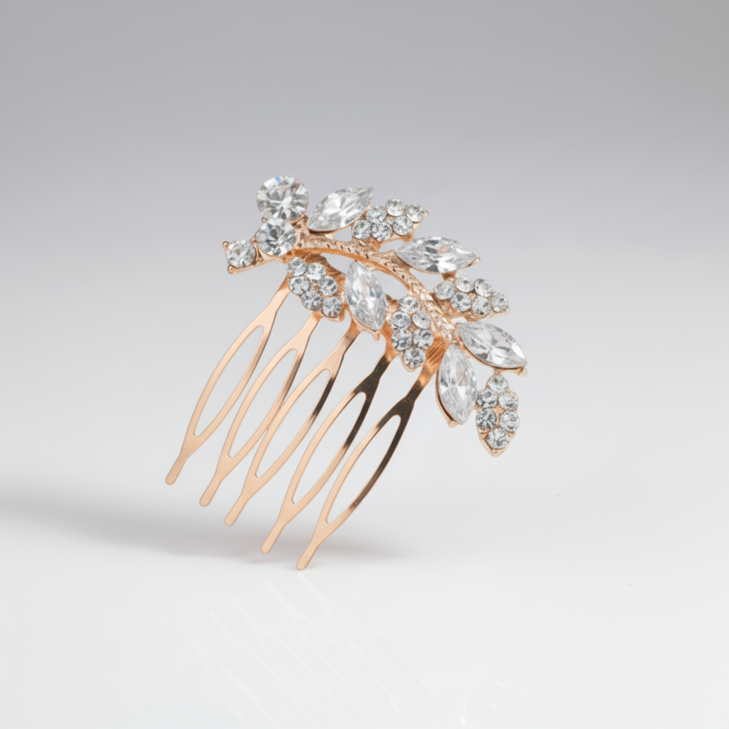 Gold hair comb with crystal leaves on a light gray background