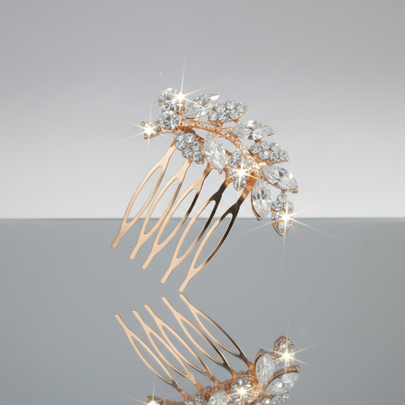 Decorative hair comb with crystals on a reflective surface