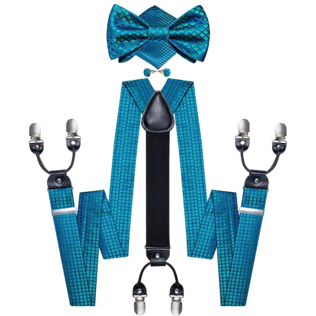 Green Blue Grid Suspenders Bowtie Set