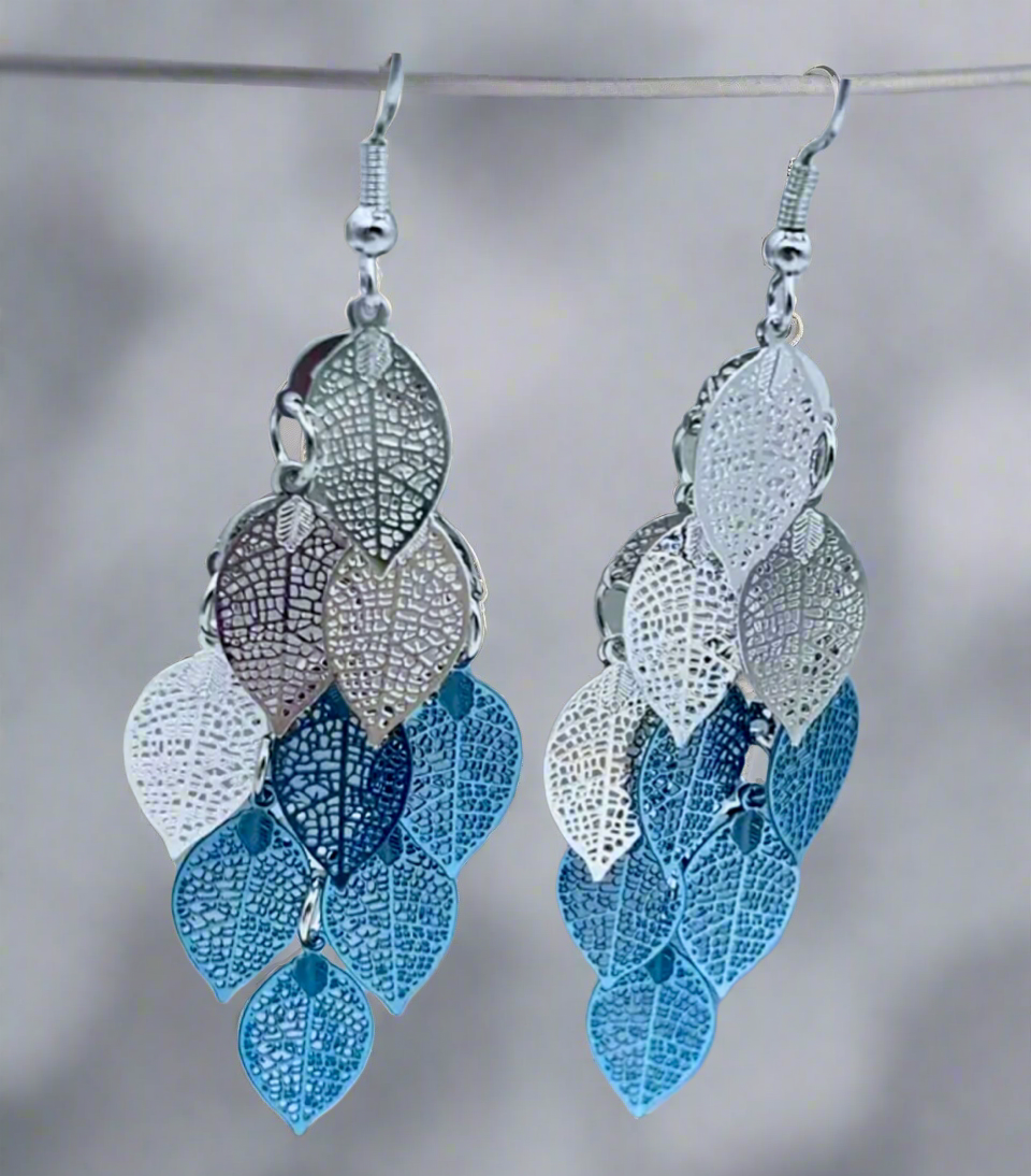 Blue Leaf Tassel Earrings