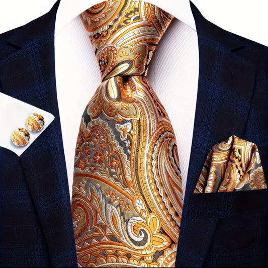 Orange Grey Paisley Necktie Set