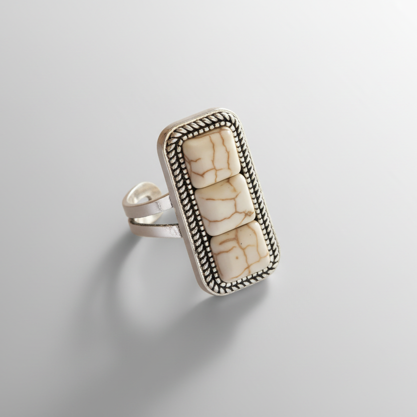 Silver ring with rectangular stone on a light gray background