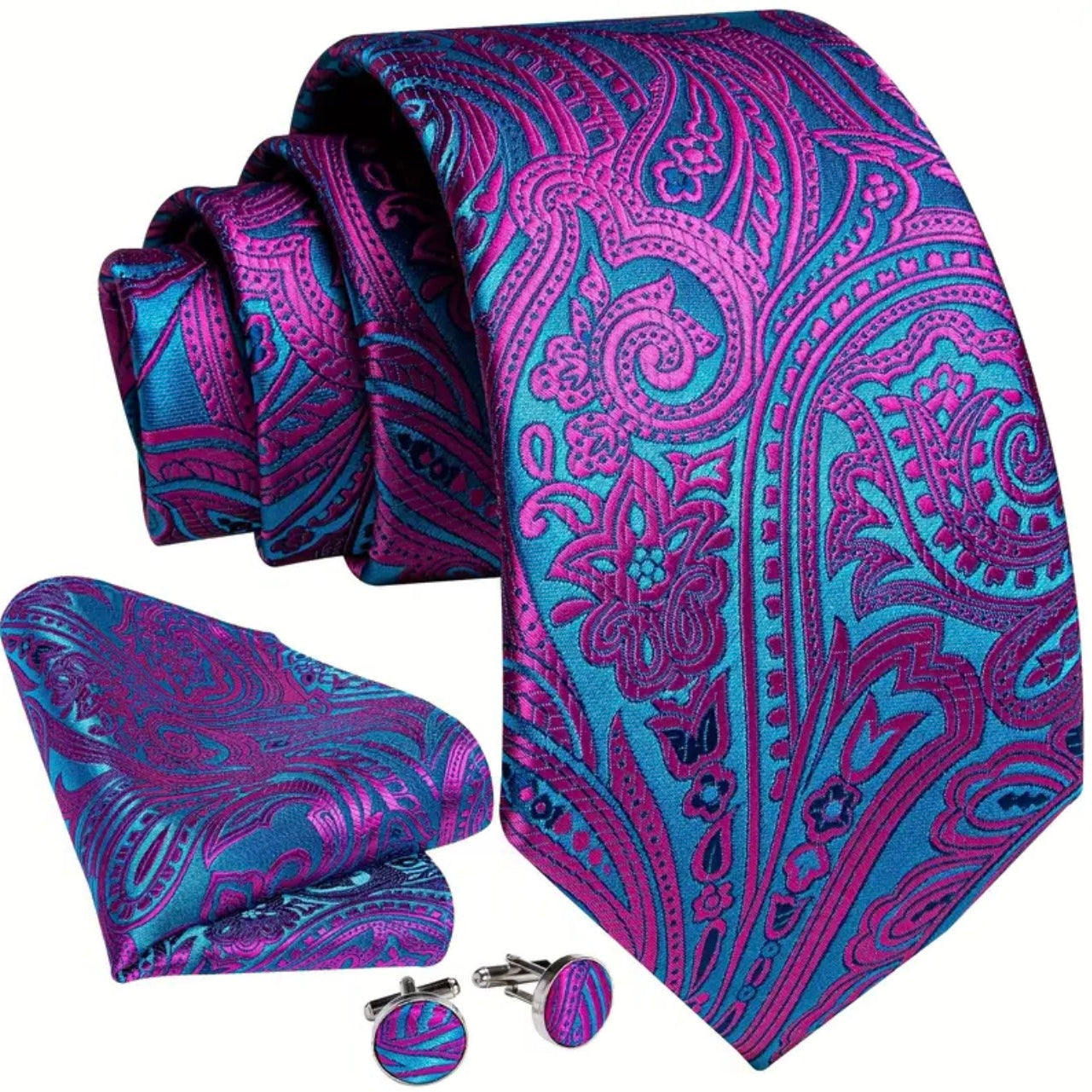 Pink Blue Paisley Necktie Set