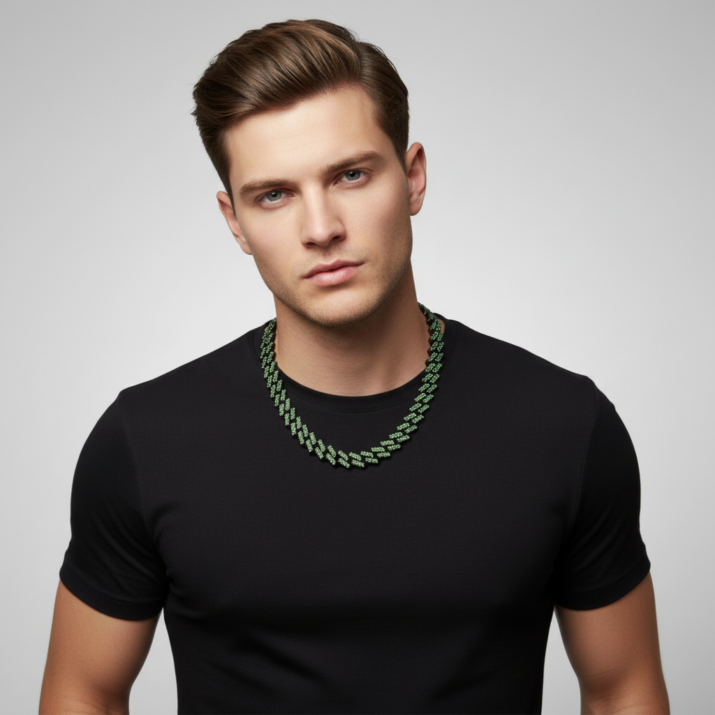 Lime Green & Black Zircon Cuban Chain Necklace