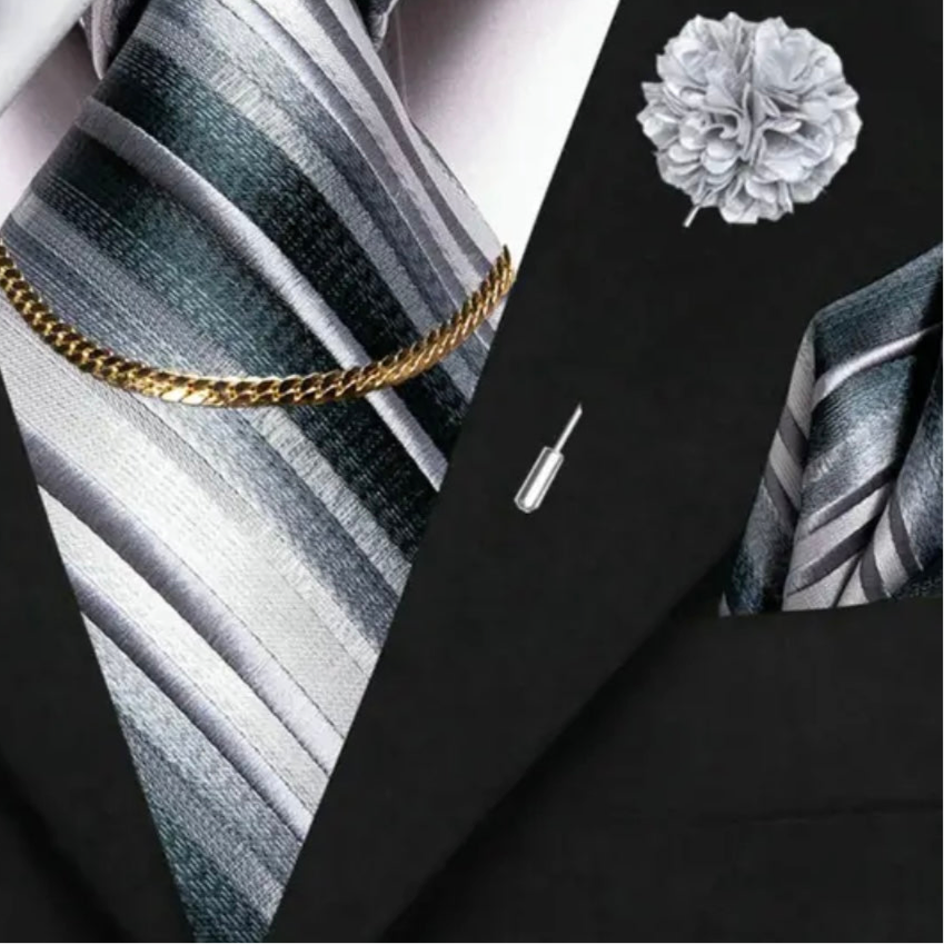 Silver Black Grey Stripe Necktie Set