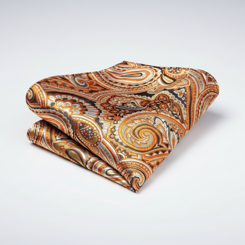 Orange Grey Paisley Necktie Set