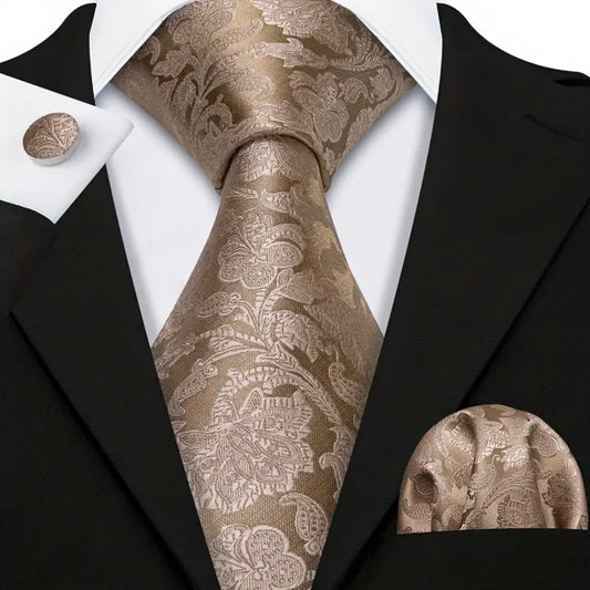 Brown Khaki Paisley Necktie Set