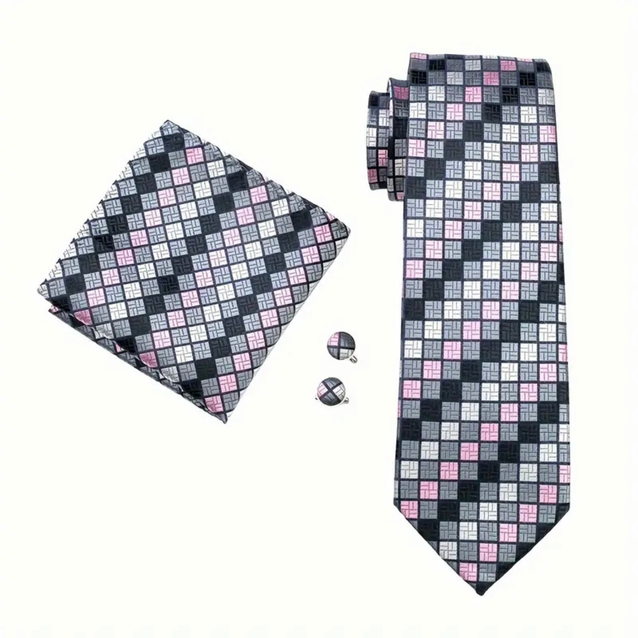 Pink Black Contemporary Grids Necktie Set