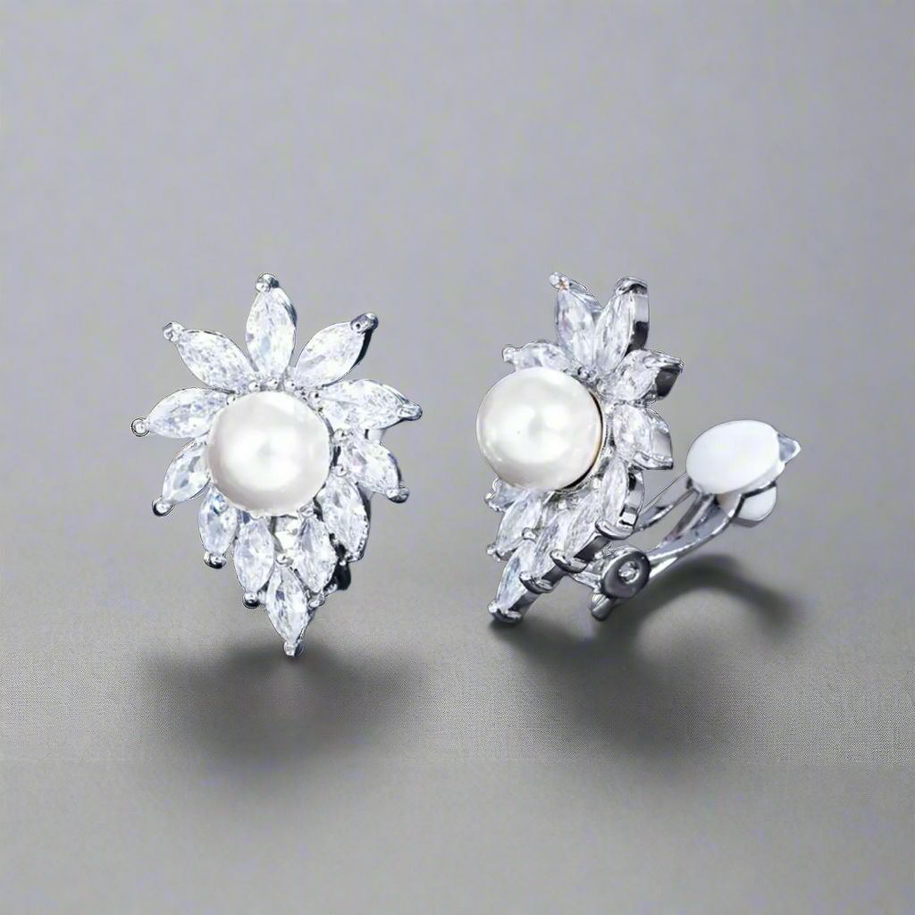 Pearl Rhinestone Clip Earrings