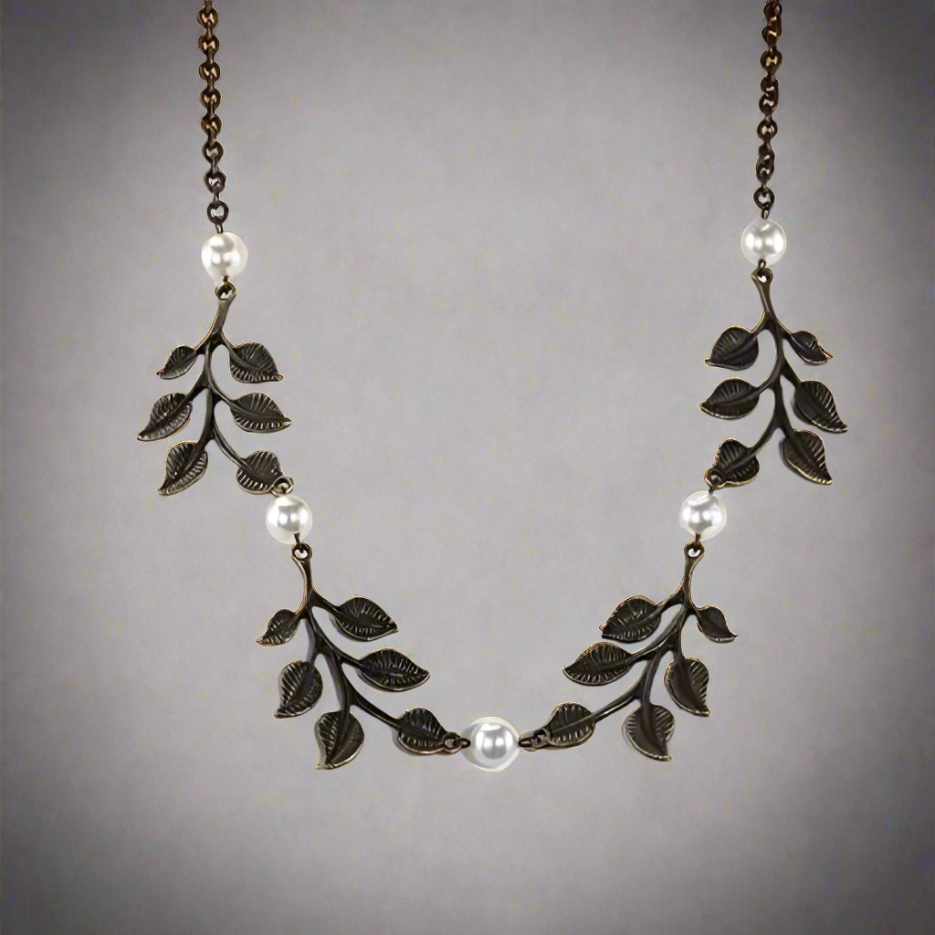 Bronze Pearl Leaf Necklace