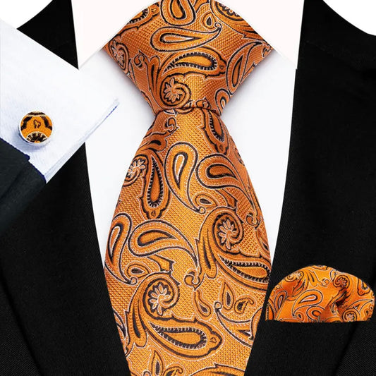 Orange Black Paisley Necktie Set