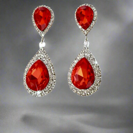 Red Clear Silver Earrings