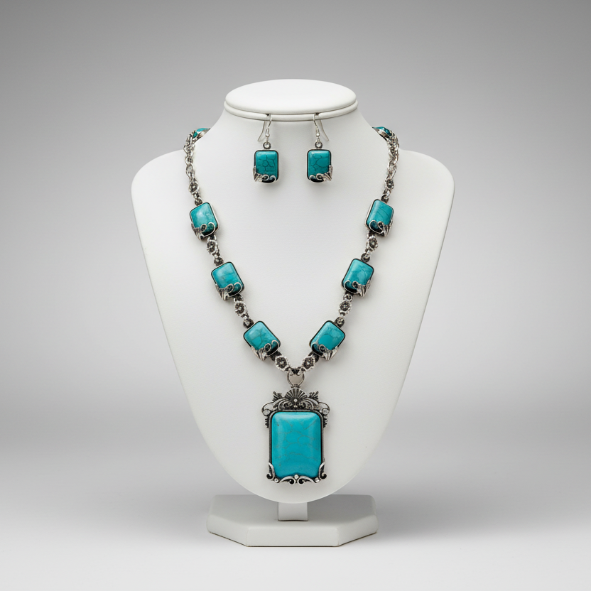 Turquoise necklace and earrings set on a white mannequin bust against a gray background