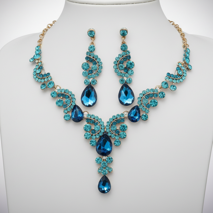 Blue jewelry set with necklace and earrings on a mannequin