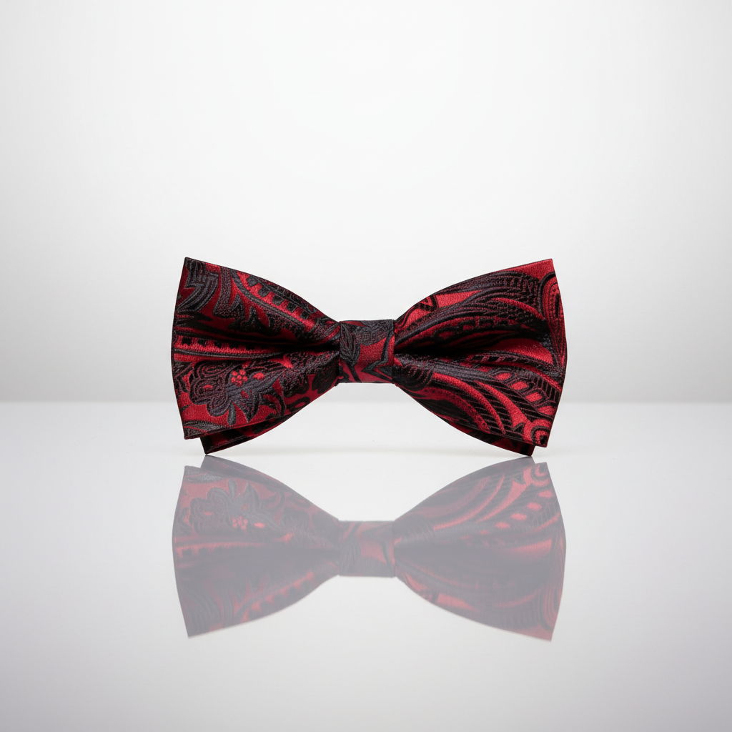 Red and black patterned bow tie on a reflective surface with a white background