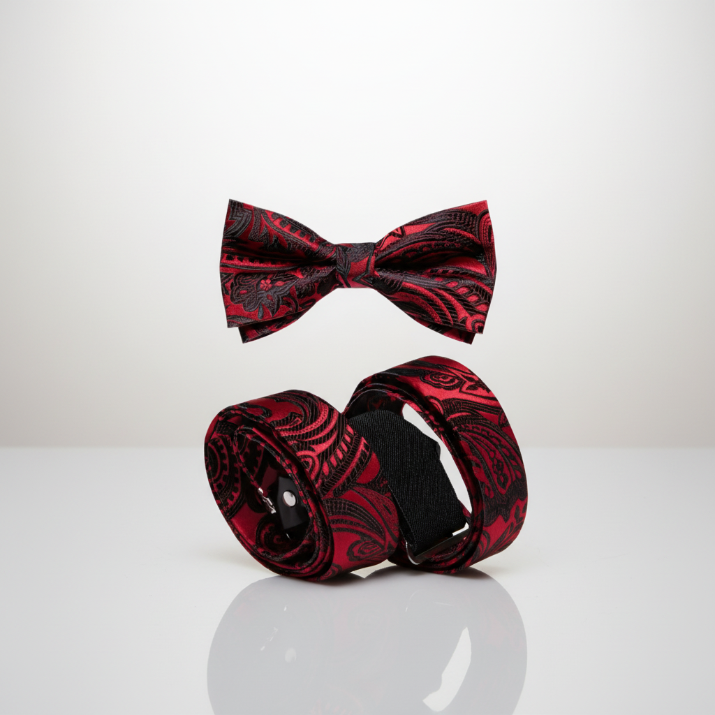 Red and black patterned bow tie and belt set on a white background