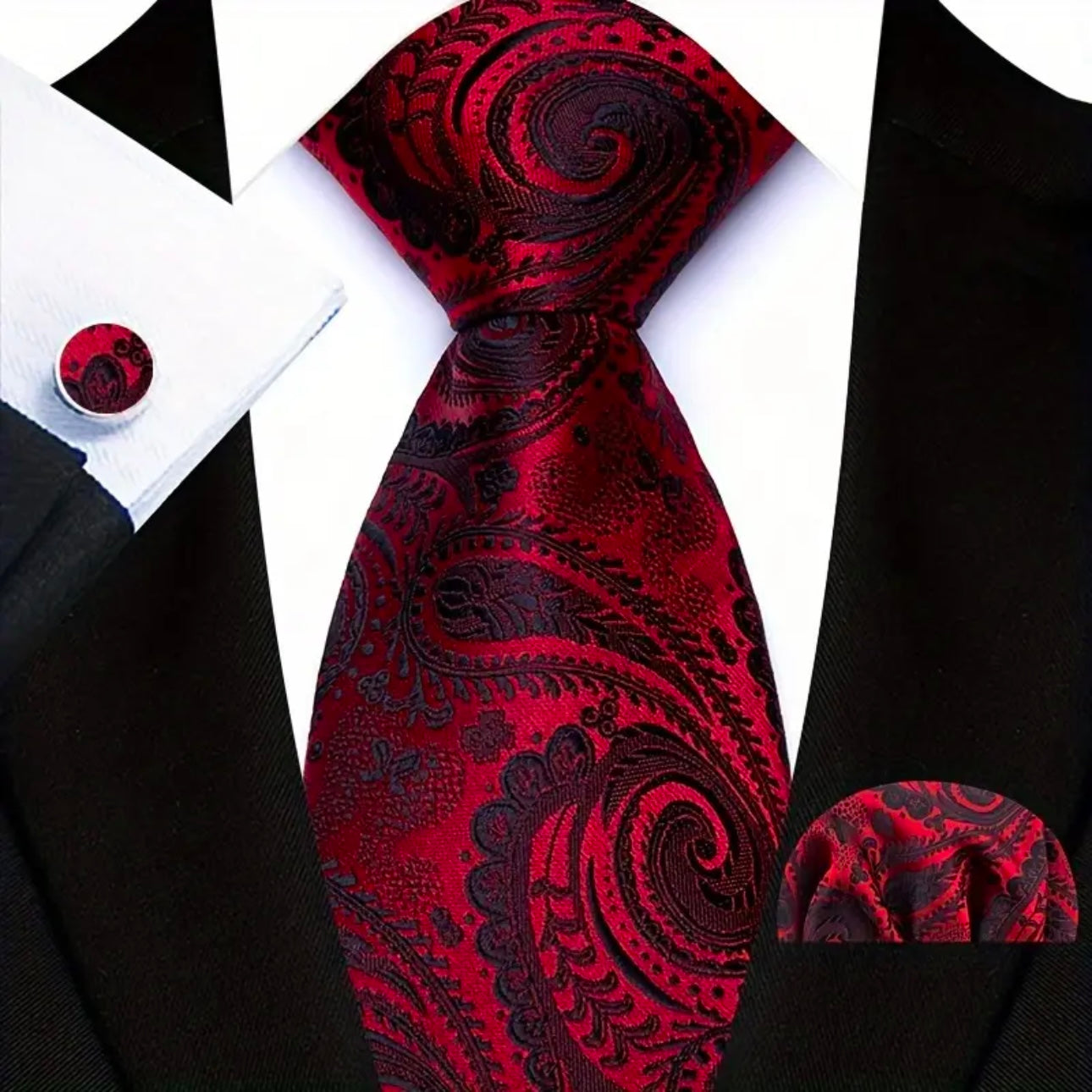 Red Black Bold Paisley Necktie Set