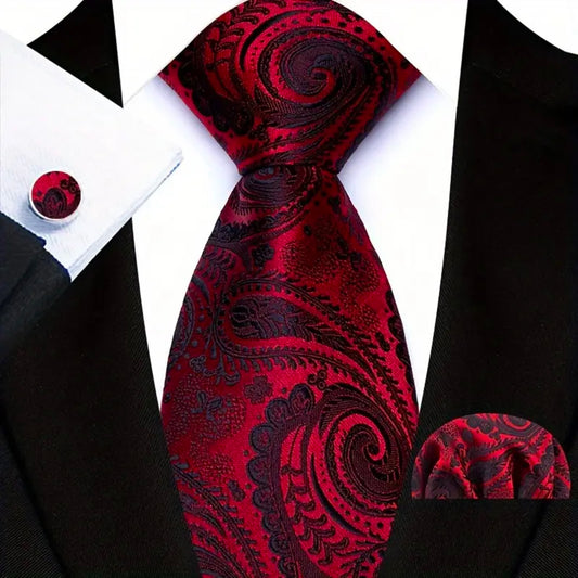 Red Black Bold Paisley Necktie Set