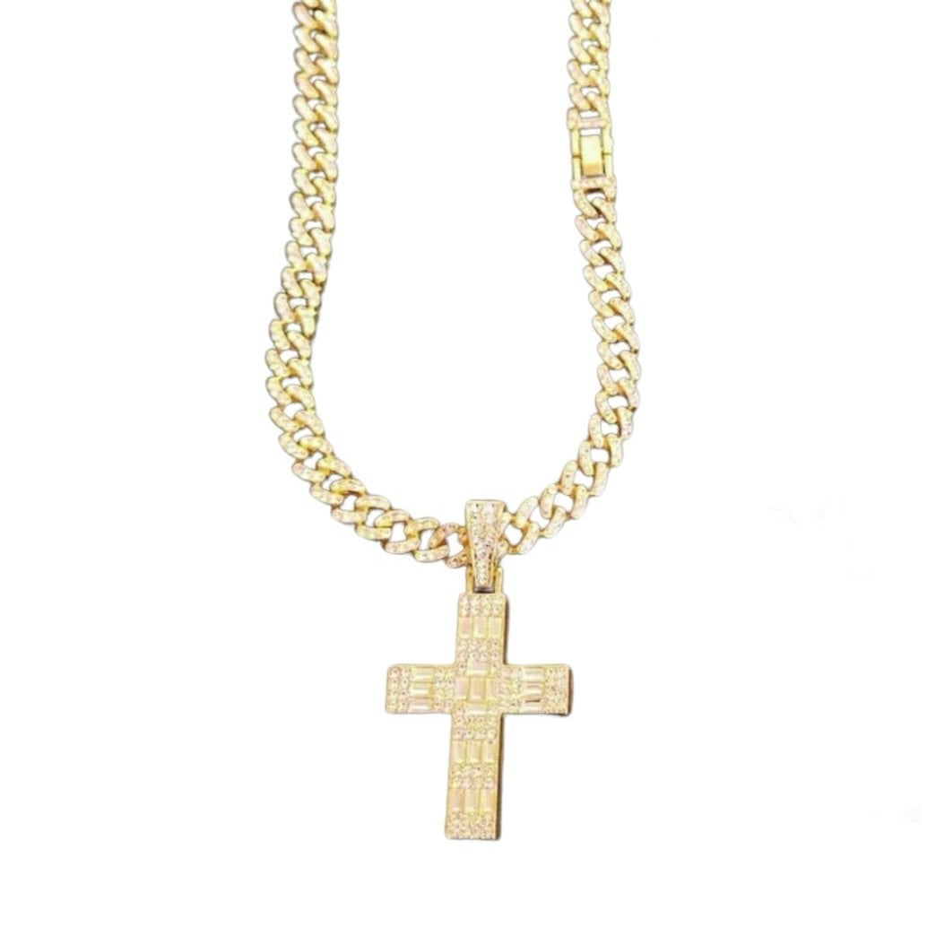 Gold Cross Cuban Chain Necklace