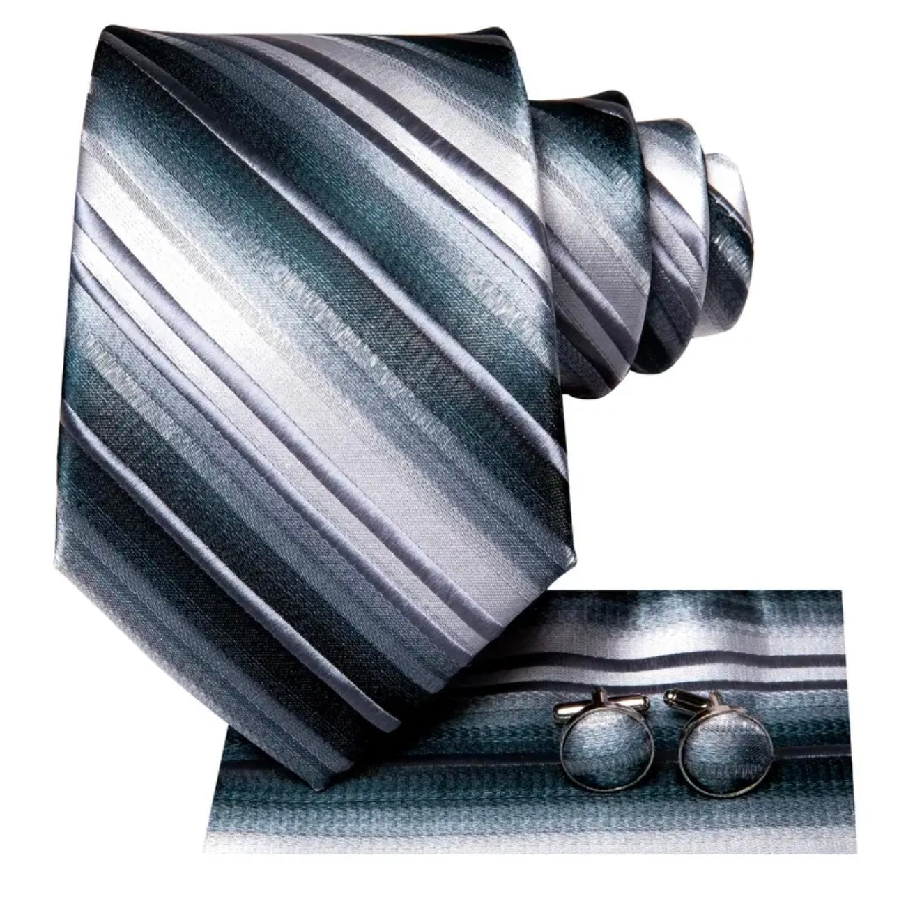 Silver Black Grey Stripe Necktie Set