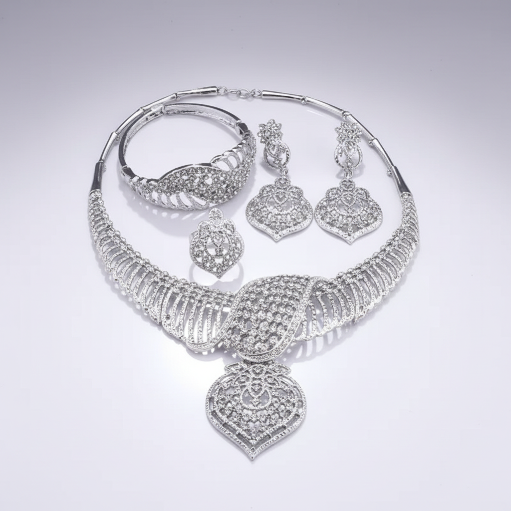 Silver jewelry set with necklace, earrings, and bangles on a light gray background