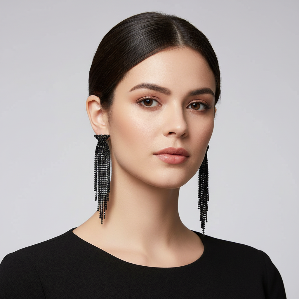 Woman wearing black tassel earrings against a plain background