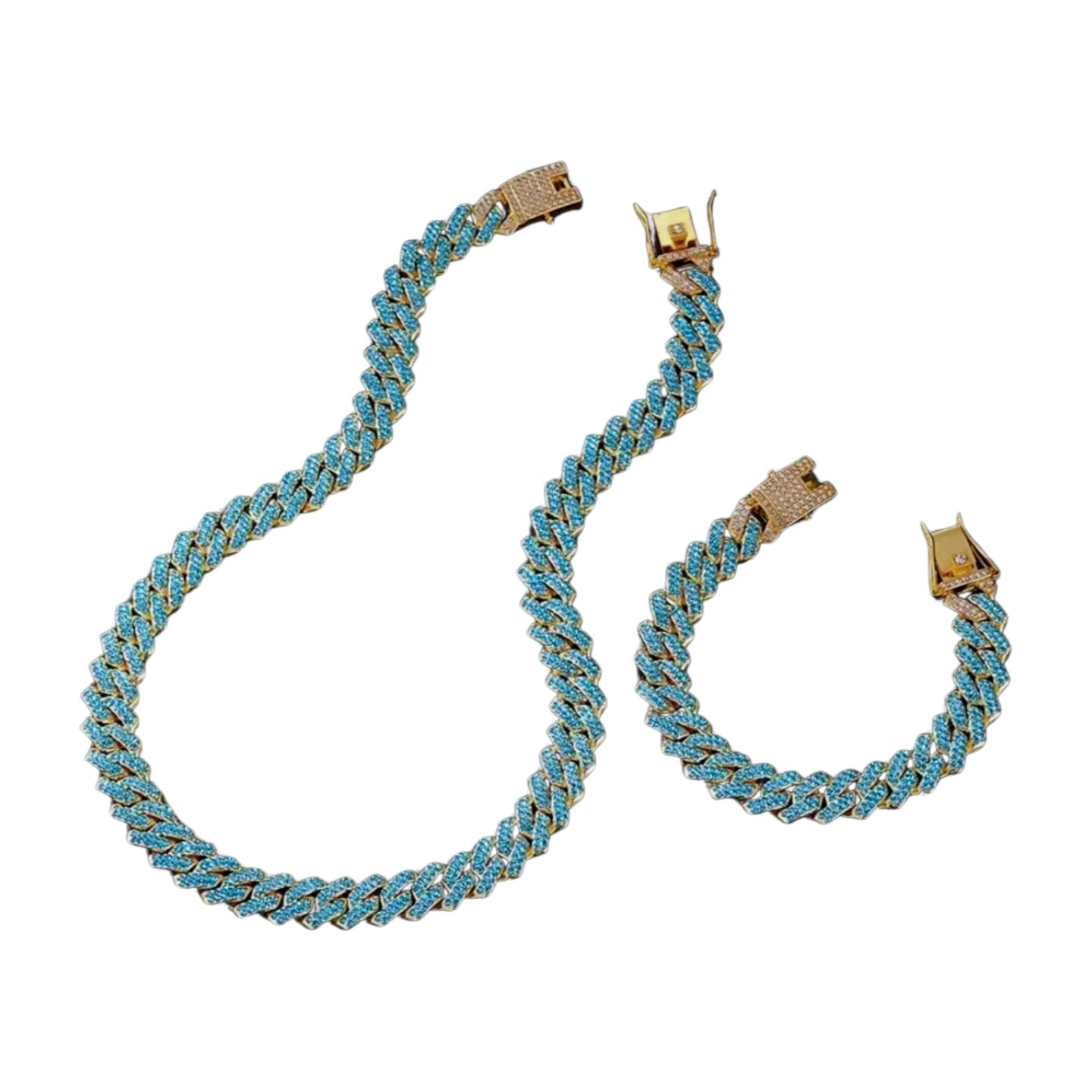 Gold Aqua Cuban Chain Set