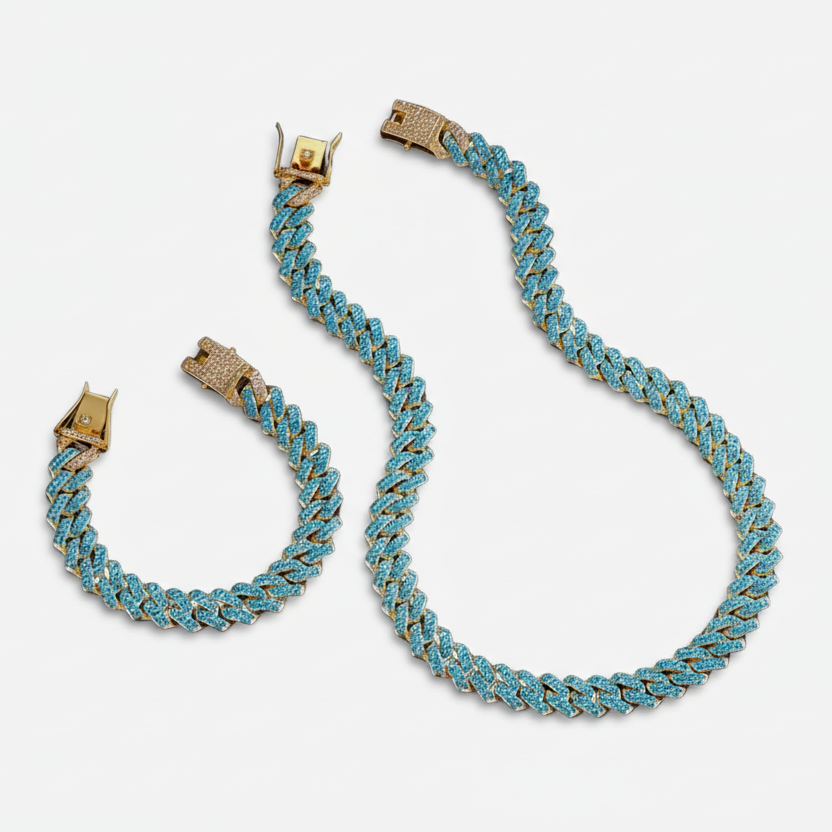 Turquoise braided bracelet with gold clasp on a white background