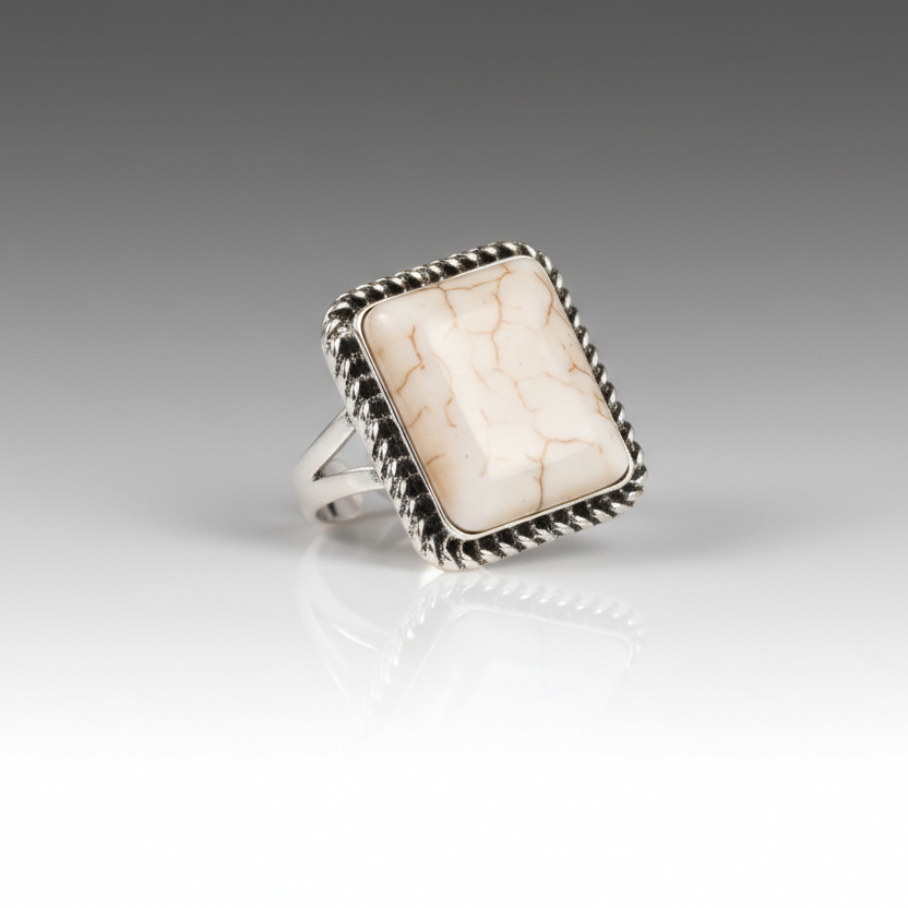 Silver ring with a rectangular stone on a gradient gray background