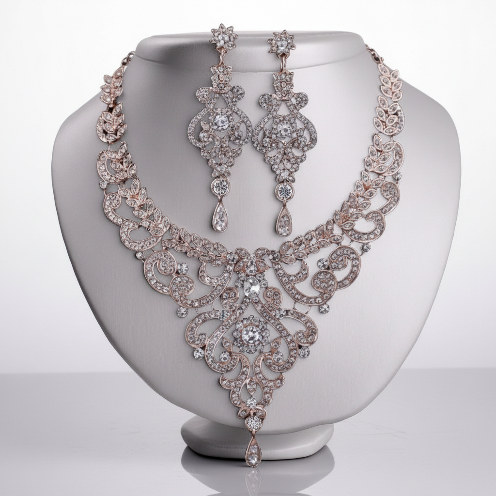 Elegant jewelry set with necklace and earrings on a white stand