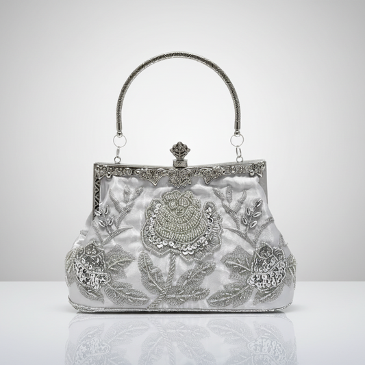 Silver Beaded Clutch Evening Bag