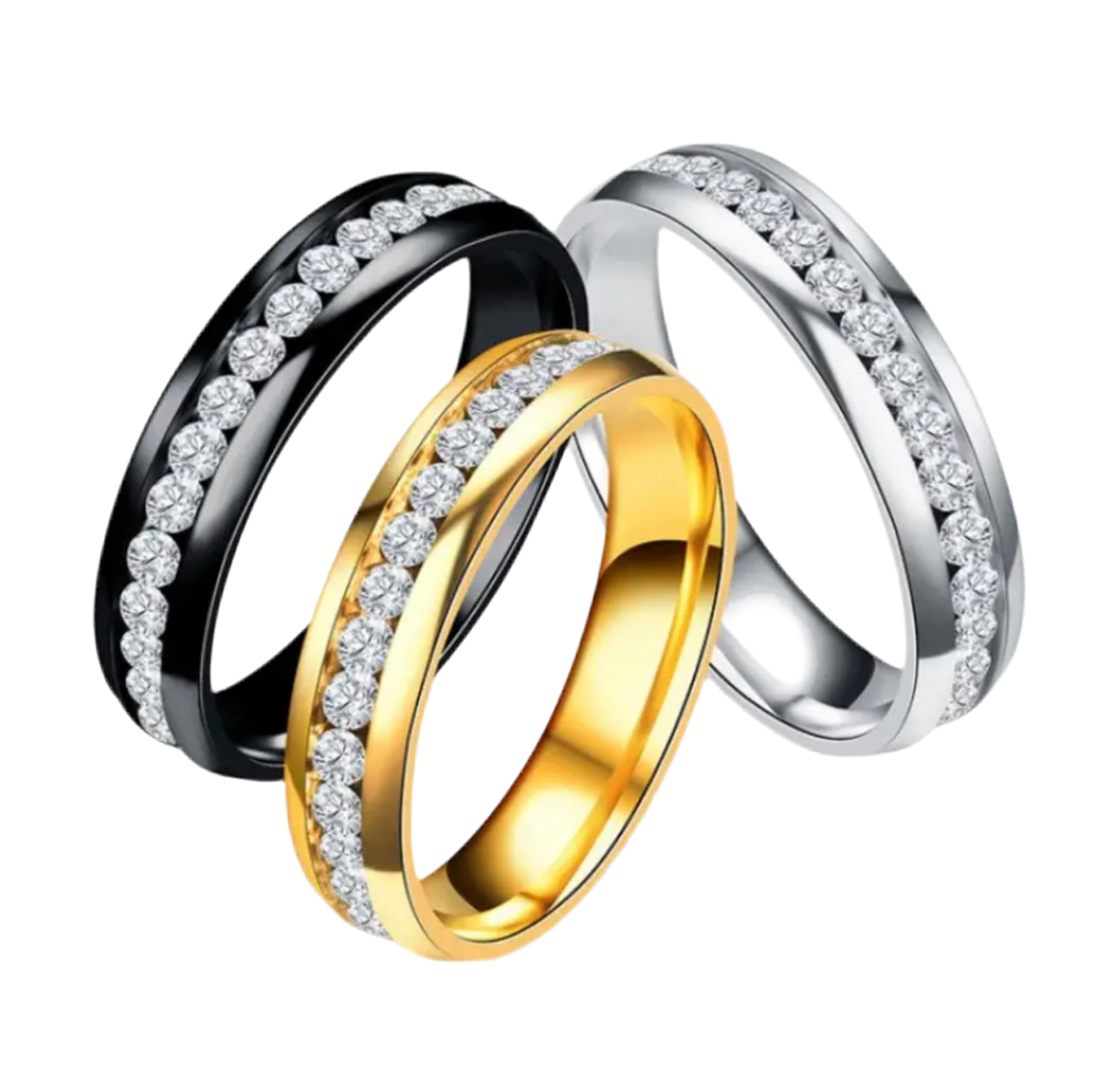 Three rings in black, gold, and silver with diamond-like stones on a white background