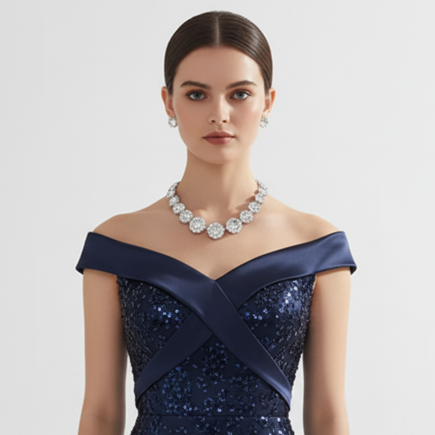 Woman wearing a navy blue off-shoulder dress with a large diamond necklace on a light gray background