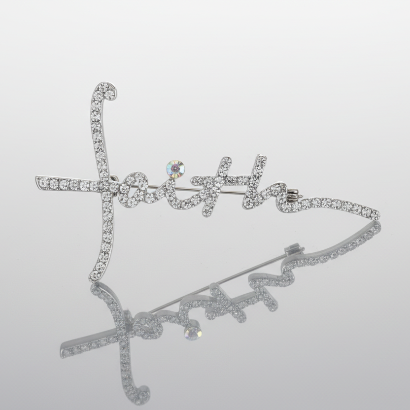 Faith Silver Rhinestone Brooch