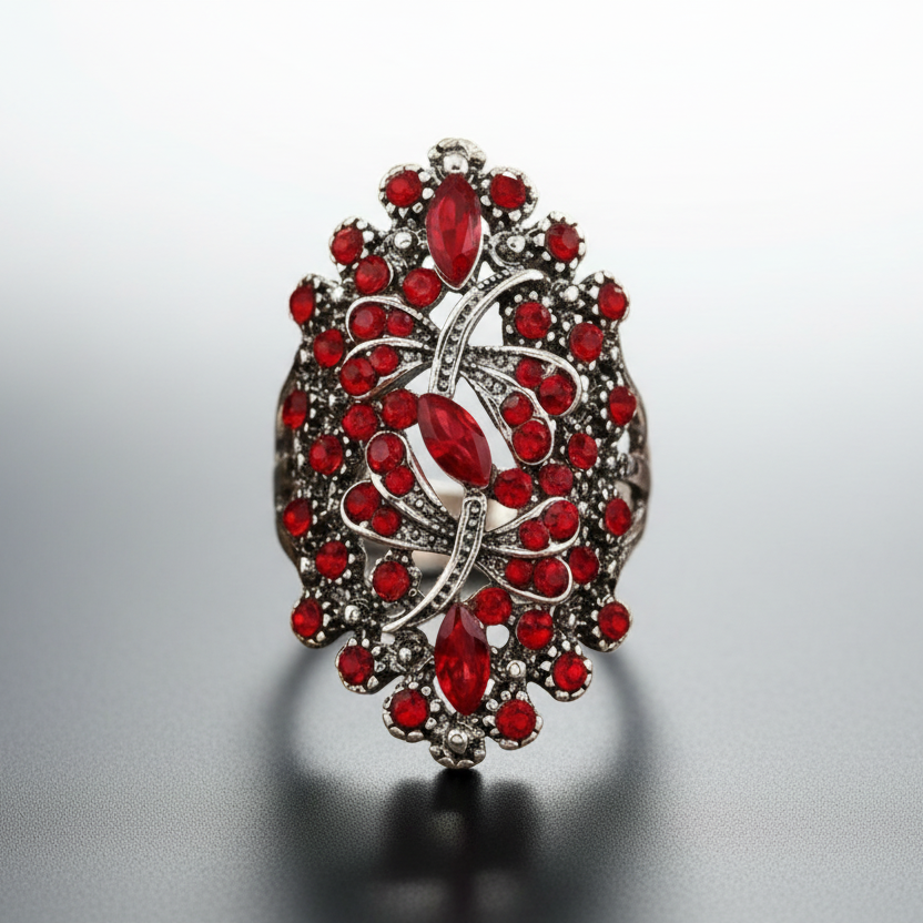 Decorative ring with red gemstones on a gray background