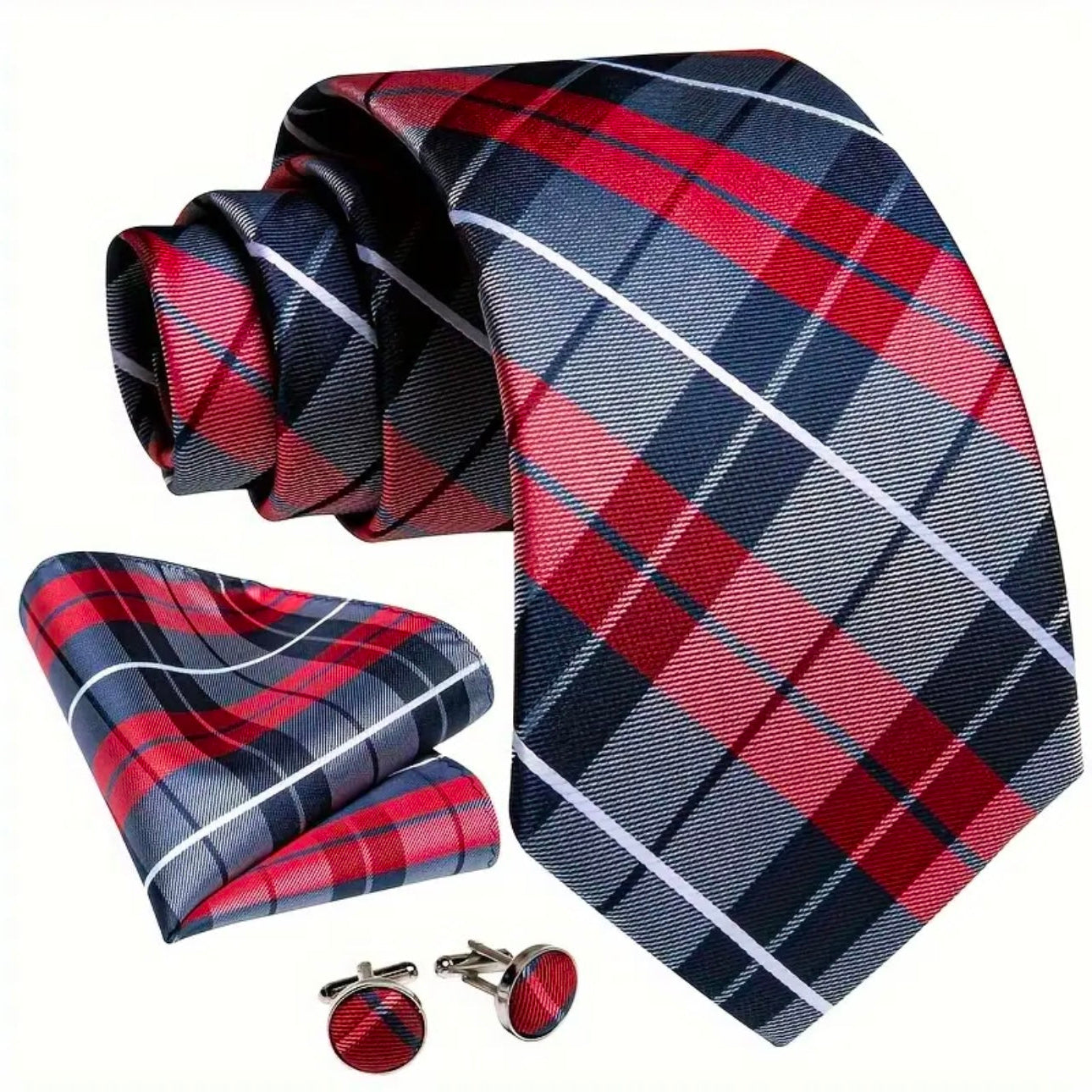 Red White Blue Plaid Necktie Set