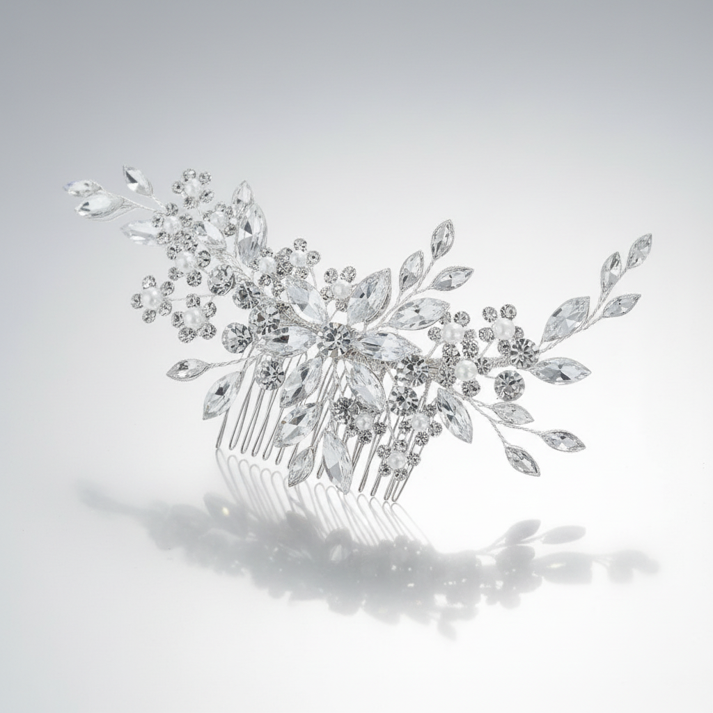 Silver hair comb with decorative leaves and crystals on a light gray background