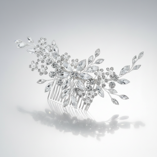 Silver hair comb with decorative leaves and crystals on a light gray background